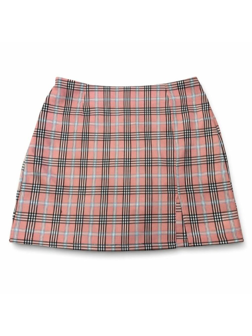 Shein Pink‎ Plaid Mini Skirt Medium — Preppy A‑Line Style with Side Slit zipper